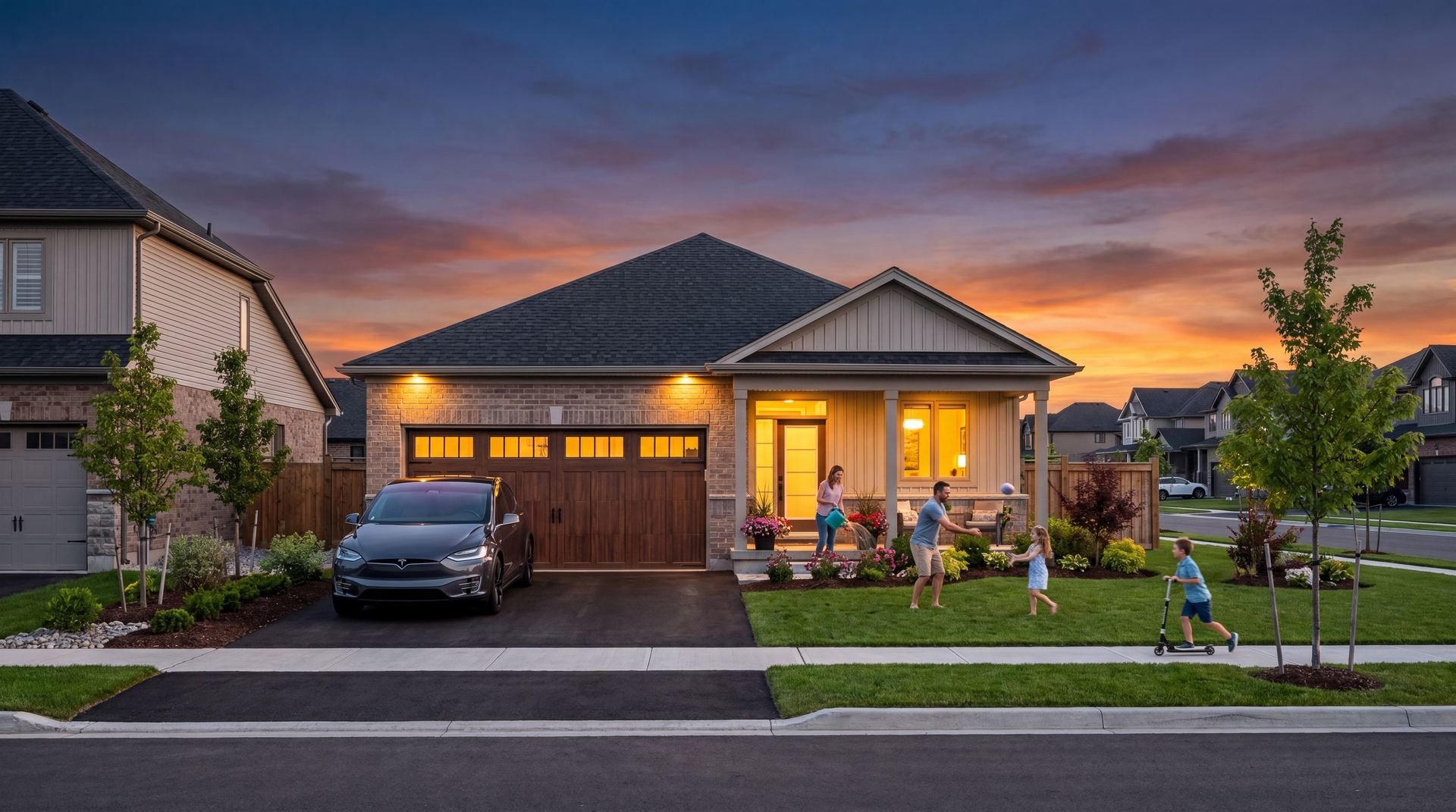 The Swan — bungalow with family playing on front lawn at sunset